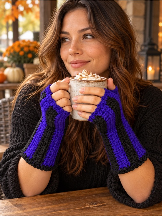 Hand Crafted Accessories - Handmade Crochet Fingerless Gloves | Purple & Black Striped